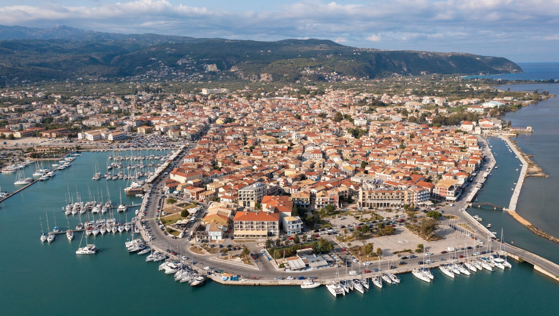 An aerial image of Lefkas Town Quay