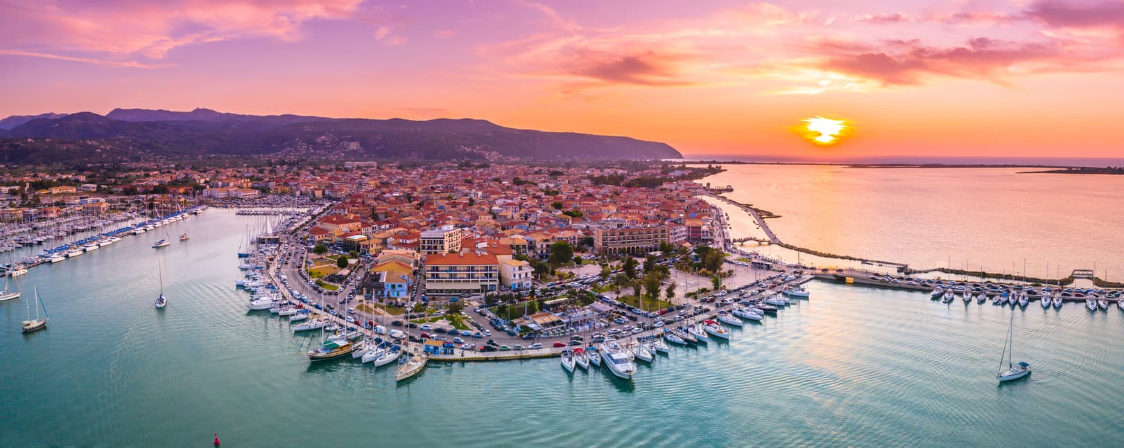 An aerial image of Lefkas Town Quay